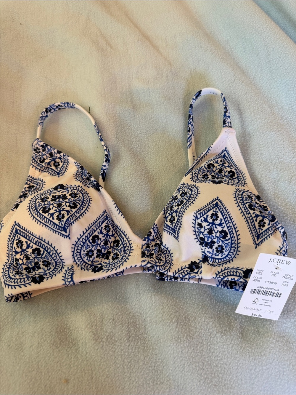 J. Crew White Bikini top with Blue Paisley Print